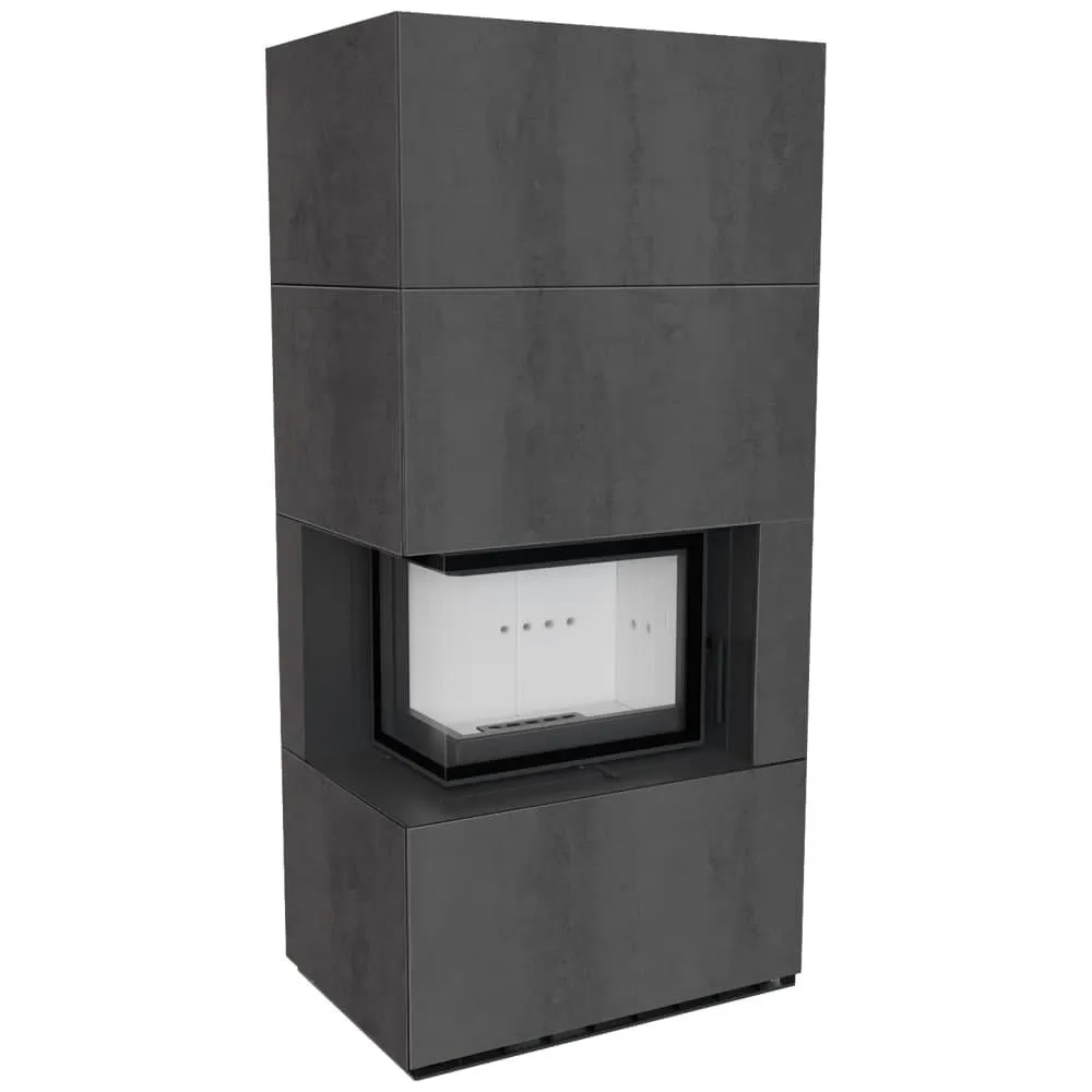 Камін Kratki FLOKI BOX лівий 8 kW Ø 160 в обудові з керамограніту NATURALI PIETRA DI SAVOIA ANTRANCITE BOCCIARDATAКамін Kratki