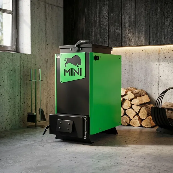 Котел твердотопливный шахтный до 120 м² Zubr Mini 12 кВт длительного горения для отопления дома, дачи, гаража или производства