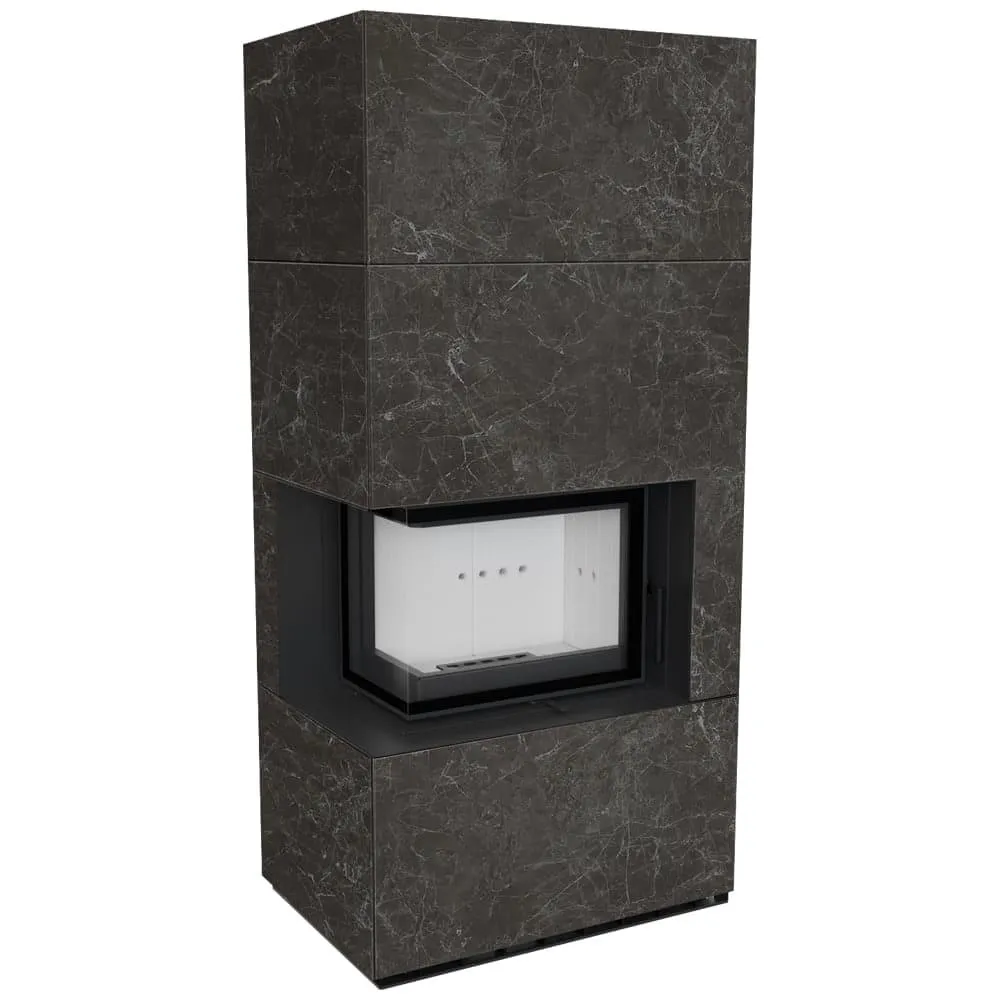 Камін Kratki FLOKI BOX лівий 8 kW Ø 160 в обудові з керамограніту NATURALI NERO GRECO