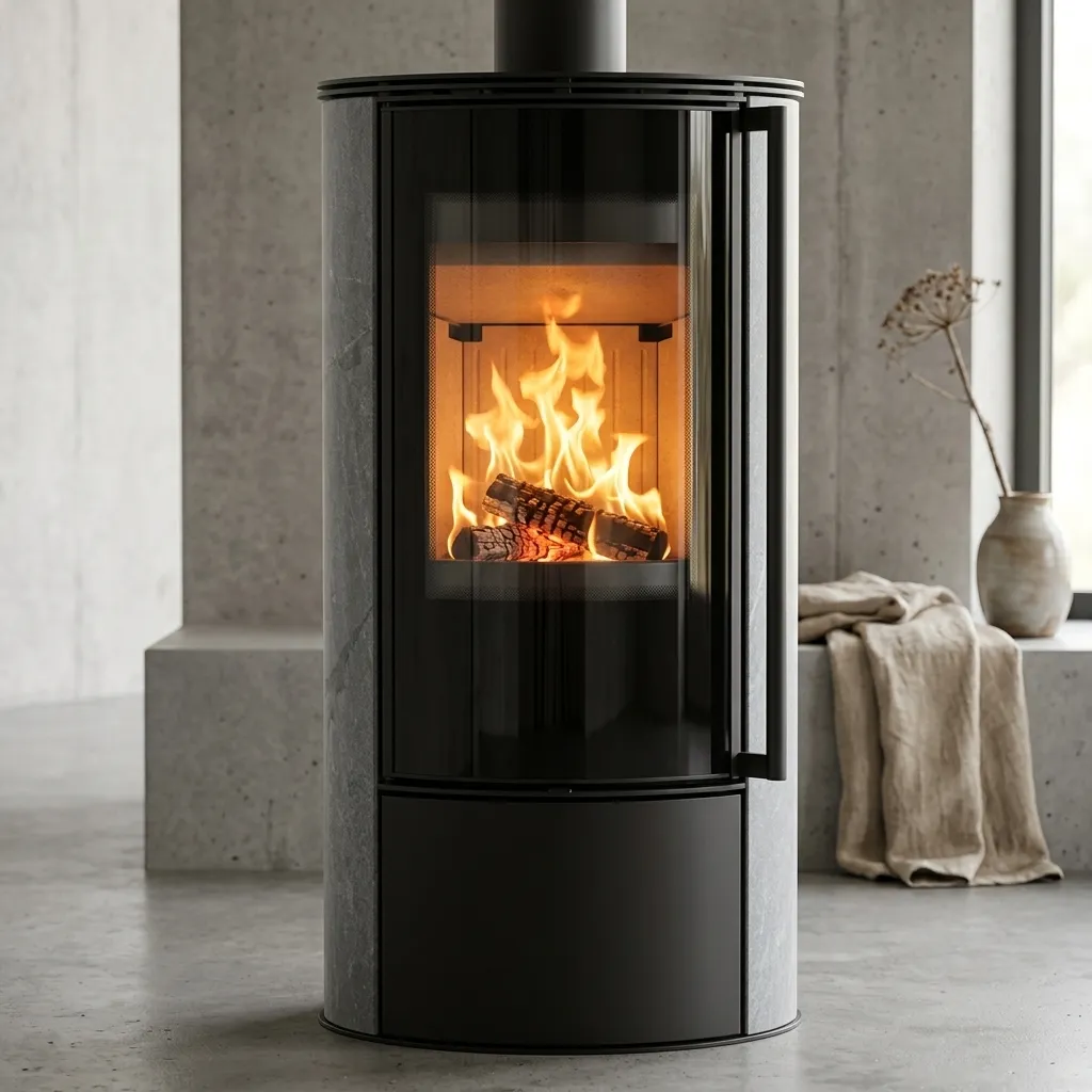 Стальная печь-камин Kratki ERIK Ø 150 в отделке аккумуляционной керамикой GRAY SATIN (кВт)