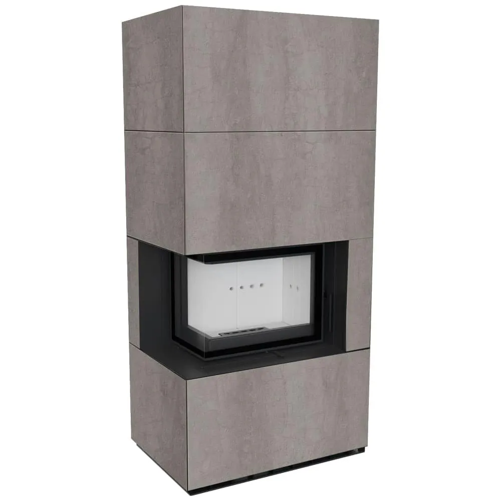 Камін Kratki FLOKI BOX лівий 8 kW Ø 160 в обудові з керамограніту NATURALI PIETRA DI SAVOIA GRIGIA BOCCIARDATA