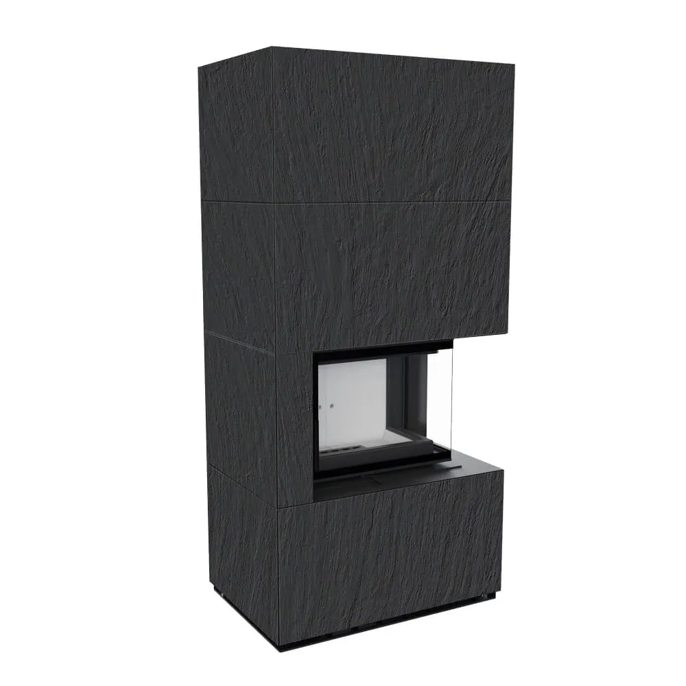 Камін Kratki FLOKI BOX правий 8 kW Ø 160 в обудові з керамограніту NATURALI ARDESIA NERO A SPACCO